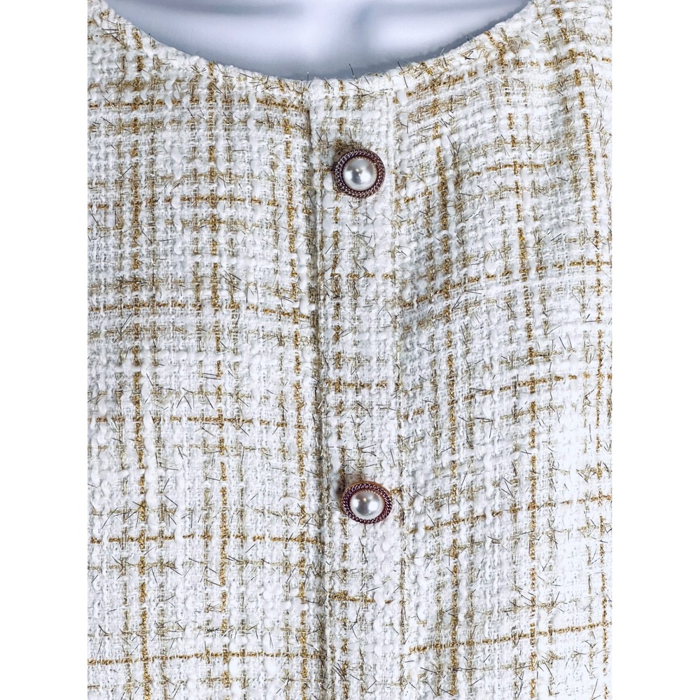 AURA Ivory Gold Metallic Tweed Puff Sleeve Mini Dress Faux Pearl M Old Money - Picture 7 of 13